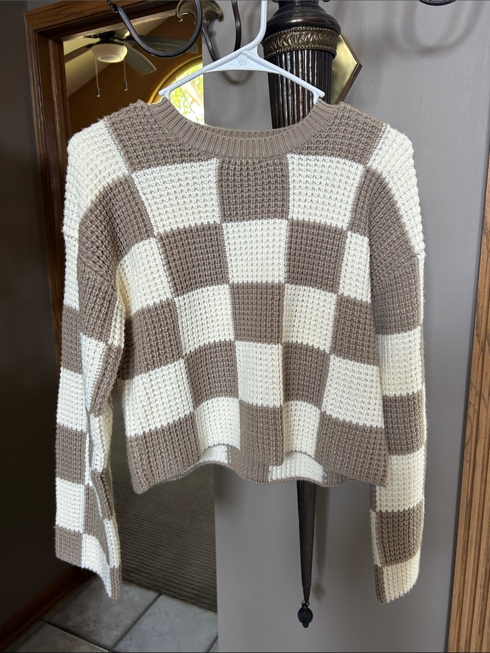Francesca's Collections Cream and Taupe Checkerboard Crewneck Sweater